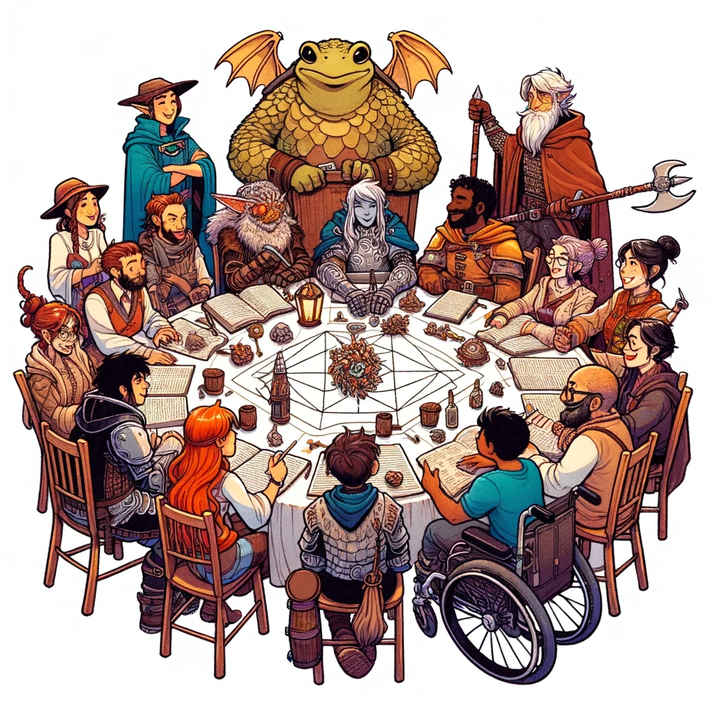 A round table with many diverse people and creatures seated around.