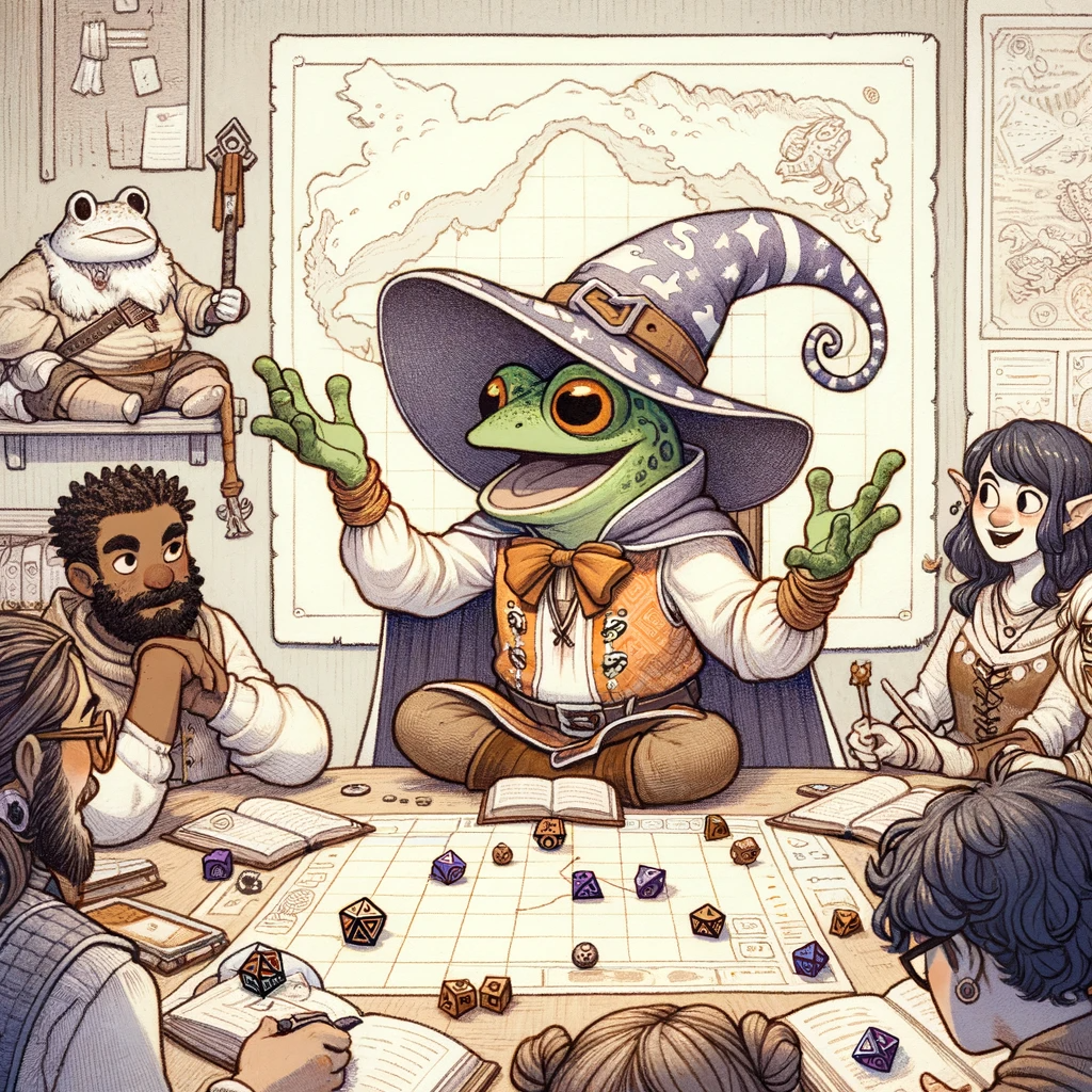 A Game Master frog, telling stories to his players for a TTRPG.